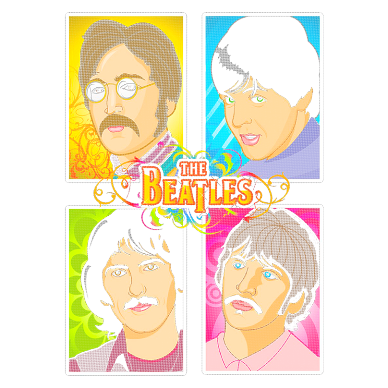 Ilustração colorida dos membros da banda The Beatles, apresentando retratos estilizados de John Lennon, Paul McCartney, George Harrison e Ringo Starr em um design vibrante e artístico.
