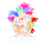 Imagem de um personagem estilizado, com olhos brilhantes e roupas coloridas, cercado por explosões de tinta vibrante em um fundo multicolorido. O personagem exibe um visual agressivo, com armadura e equipamentos de combate.