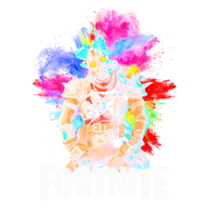 Imagem de um personagem estilizado, com olhos brilhantes e roupas coloridas, cercado por explosões de tinta vibrante em um fundo multicolorido. O personagem exibe um visual agressivo, com armadura e equipamentos de combate.