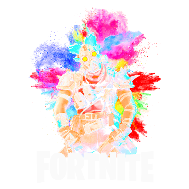 Imagem de um personagem estilizado, com olhos brilhantes e roupas coloridas, cercado por explosões de tinta vibrante em um fundo multicolorido. O personagem exibe um visual agressivo, com armadura e equipamentos de combate.