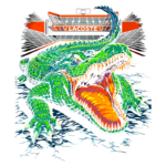 Ilustração de um crocodilo colorido com detalhes vibrantes, mostrando a boca aberta, cercado por um fundo azul. A arte é estilizada e apresenta elementos gráficos dinâmicos, além da marca "Lacoste" acima do animal.