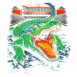 Ilustração de um crocodilo colorido com detalhes vibrantes, mostrando a boca aberta, cercado por um fundo azul. A arte é estilizada e apresenta elementos gráficos dinâmicos, além da marca "Lacoste" acima do animal.