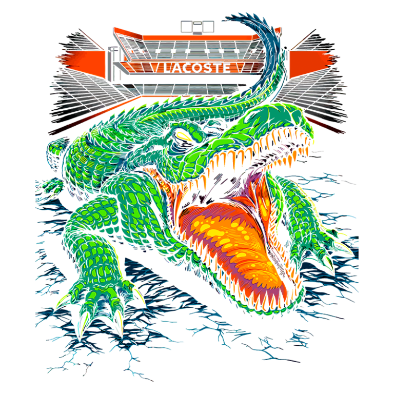 Ilustração de um crocodilo colorido com detalhes vibrantes, mostrando a boca aberta, cercado por um fundo azul. A arte é estilizada e apresenta elementos gráficos dinâmicos, além da marca "Lacoste" acima do animal.