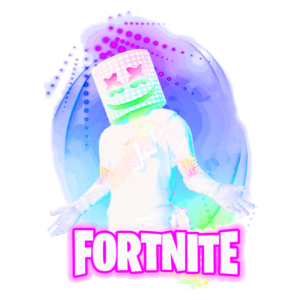 Imagem colorida e vibrante do personagem Marshmello, vestido de branco e com uma cabeça em forma de marshmallow, com uma expressão sorridente. O fundo é azul e rosa, destacando o tema do jogo Fortnite. O texto "FORTNITE" é exibido em letras grandes na parte inferior.