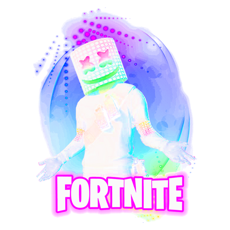 Imagem colorida e vibrante do personagem Marshmello, vestido de branco e com uma cabeça em forma de marshmallow, com uma expressão sorridente. O fundo é azul e rosa, destacando o tema do jogo Fortnite. O texto "FORTNITE" é exibido em letras grandes na parte inferior.
