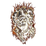 Imagem de uma caveira mascarada de palhaço, segurando cartas em um fundo de chamas. A arte apresenta um estilo sombrio e vibrante, com detalhes em ouro e vermelho, destacando elementos de horror e humor.