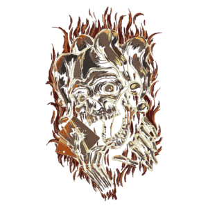 Imagem de uma caveira mascarada de palhaço, segurando cartas em um fundo de chamas. A arte apresenta um estilo sombrio e vibrante, com detalhes em ouro e vermelho, destacando elementos de horror e humor.