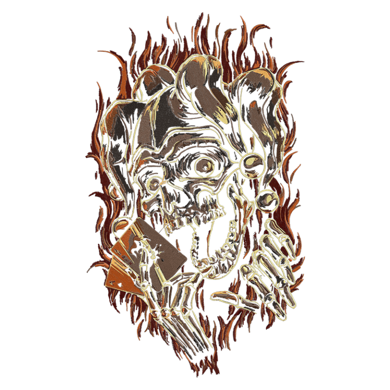 Imagem de uma caveira mascarada de palhaço, segurando cartas em um fundo de chamas. A arte apresenta um estilo sombrio e vibrante, com detalhes em ouro e vermelho, destacando elementos de horror e humor.
