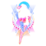 Imagem de uma coruja estilizada com detalhes vibrantes e cores neon, envolvendo elementos gráficos como uma lua crescente. A arte combina traços de ave com elementos místicos, criando uma composição intrigante e moderna.