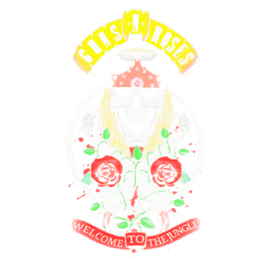 Ilustração do logo da banda Guns N' Roses, apresentando um crânio central com rosas vermelhas e uma faixa vermelha com a frase "Welcome to the Jungle". O design incorpora elementos vibrantes e um toque urbano, refletindo o estilo icônico da banda.