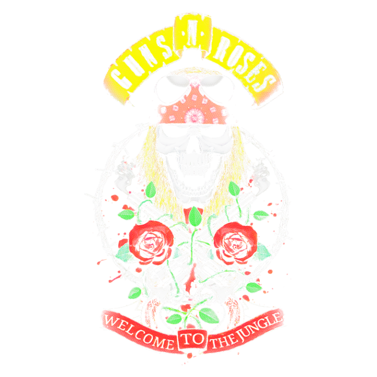 Ilustração do logo da banda Guns N' Roses, apresentando um crânio central com rosas vermelhas e uma faixa vermelha com a frase "Welcome to the Jungle". O design incorpora elementos vibrantes e um toque urbano, refletindo o estilo icônico da banda.
