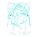 Desenho artístico de dinossauros em estilo colorido, com várias espécies destacadas interagindo em um ambiente pré-histórico.