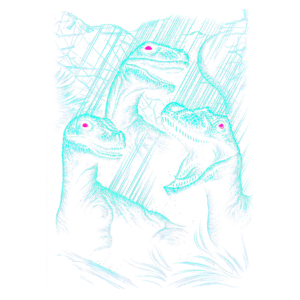 Desenho artístico de dinossauros em estilo colorido, com várias espécies destacadas interagindo em um ambiente pré-histórico.