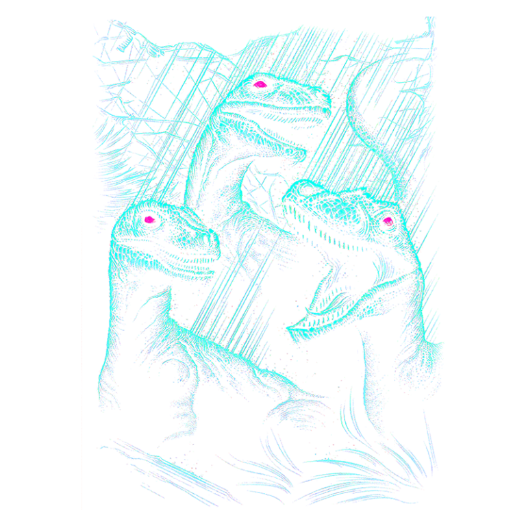 Desenho artístico de dinossauros em estilo colorido, com várias espécies destacadas interagindo em um ambiente pré-histórico.
