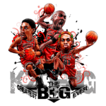 Ilustração vibrante de jogadores icônicos do Chicago Bulls, incluindo um atleta driblando e outros em ação, com detalhes artísticos e cores chamativas que destacam a energia do basquete.