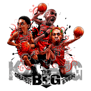 Ilustração vibrante de jogadores icônicos do Chicago Bulls, incluindo um atleta driblando e outros em ação, com detalhes artísticos e cores chamativas que destacam a energia do basquete.