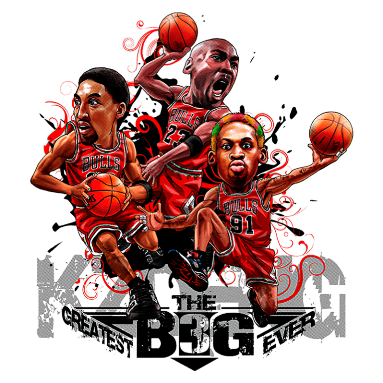 Ilustração vibrante de jogadores icônicos do Chicago Bulls, incluindo um atleta driblando e outros em ação, com detalhes artísticos e cores chamativas que destacam a energia do basquete.