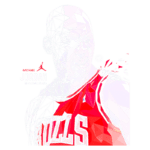 Imagem estilizada de Michael Jordan, jogador de basquete icônico, usando a camiseta do Chicago Bulls. A arte apresenta uma composição geométrica em cores vibrantes, destacando sua expressão intensa e importância no esporte.