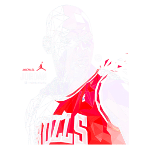 Imagem estilizada de Michael Jordan, jogador de basquete icônico, usando a camiseta do Chicago Bulls. A arte apresenta uma composição geométrica em cores vibrantes, destacando sua expressão intensa e importância no esporte.