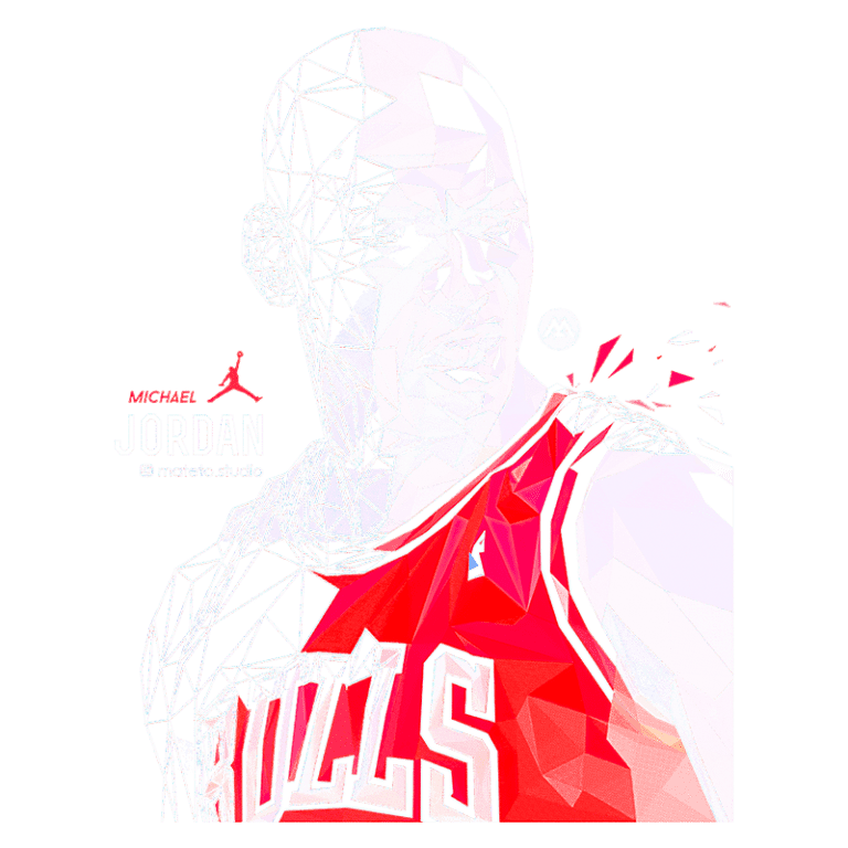 Imagem estilizada de Michael Jordan, jogador de basquete icônico, usando a camiseta do Chicago Bulls. A arte apresenta uma composição geométrica em cores vibrantes, destacando sua expressão intensa e importância no esporte.