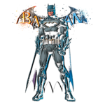 Batman em uma pose imponente, vestindo seu traje icônico, com capa e cinto de utilidades. Ao fundo, o nome "Batman" estilizado em cores contrastantes. Ideal para temas de super-heróis e cultura pop.