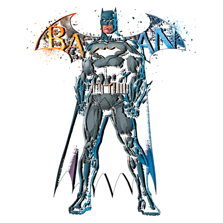 Batman em uma pose imponente, vestindo seu traje icônico, com capa e cinto de utilidades. Ao fundo, o nome "Batman" estilizado em cores contrastantes. Ideal para temas de super-heróis e cultura pop.