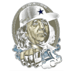 Imagem ilustrativa de Benjamin Franklin usando um boné dos Cowboys, segurando uma câmera, com um fundo estilizado. A arte combina elementos clássicos e modernos, destacando o famoso personagem histórico em um contexto divertido e esportivo. Ideal para fãs de futebol americano e cultura pop.