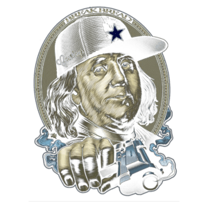 Imagem ilustrativa de Benjamin Franklin usando um boné dos Cowboys, segurando uma câmera, com um fundo estilizado. A arte combina elementos clássicos e modernos, destacando o famoso personagem histórico em um contexto divertido e esportivo. Ideal para fãs de futebol americano e cultura pop.
