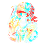 Imagem de um esqueleto estilizado segurando uma arma e dinheiro, com um boné que diz "SHUT UP". O design vibrante e colorido destaca uma estética urbana e de mistura de culturas, refletindo temas de ousadia e rebeldia.