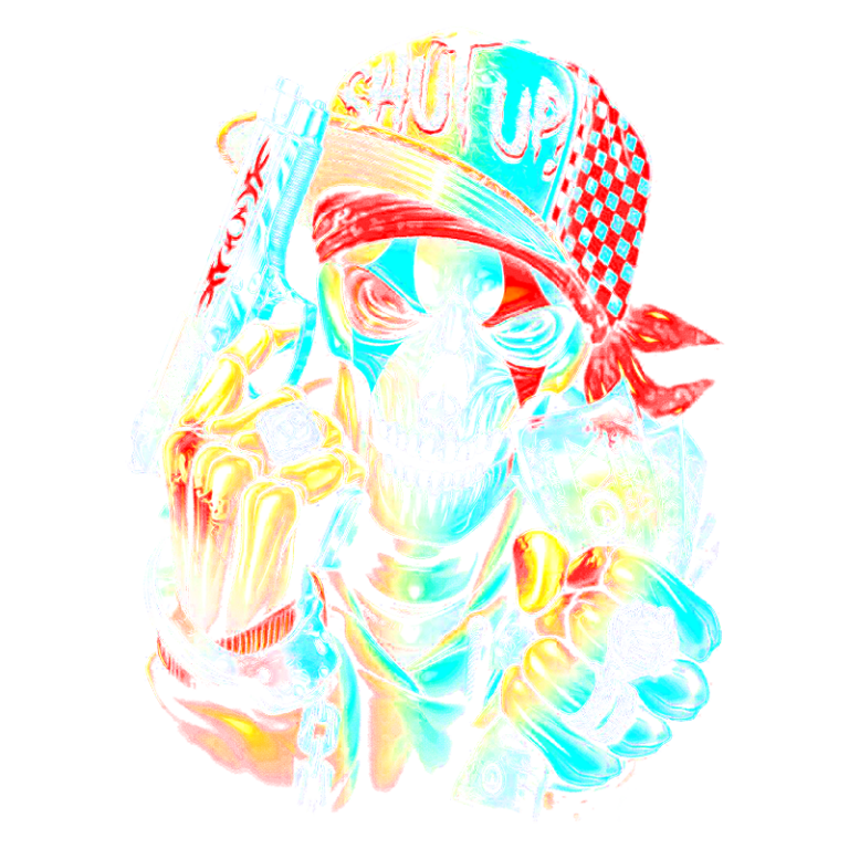 Imagem de um esqueleto estilizado segurando uma arma e dinheiro, com um boné que diz "SHUT UP". O design vibrante e colorido destaca uma estética urbana e de mistura de culturas, refletindo temas de ousadia e rebeldia.