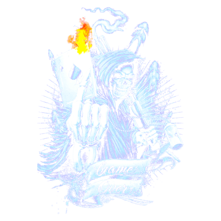 Imagem de uma figura esquelética vestida com um capuz, segurando uma carta de baralho em chamas e uma bebida. O design inclui elementos de jogos, com a frase "Game Over" em um banner na parte inferior, evocando uma temática intensa e sombria. Ideal para fãs de arte alternativa e cultura de jogos.