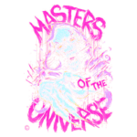 Ilustração coreografada com um esqueleto e garras, representando "Masters of the Universe", com cores vibrantes e texto estilizado. Ideal para fãs de cultura pop e colecionadores de arte relacionada a séries clássicas de animação.