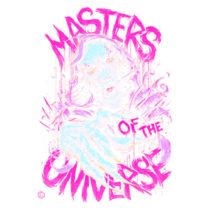 Ilustração coreografada com um esqueleto e garras, representando "Masters of the Universe", com cores vibrantes e texto estilizado. Ideal para fãs de cultura pop e colecionadores de arte relacionada a séries clássicas de animação.