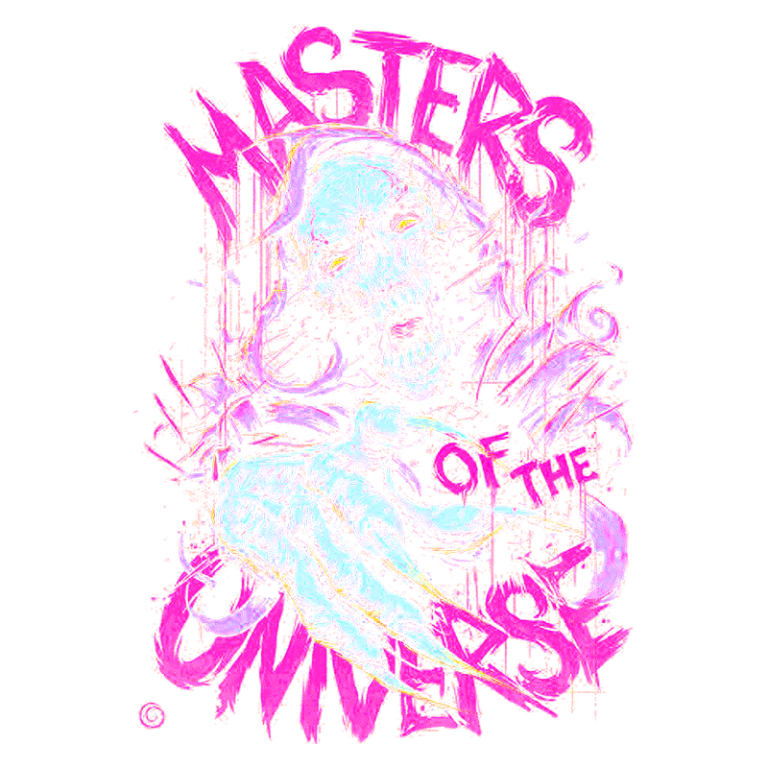 Ilustração coreografada com um esqueleto e garras, representando "Masters of the Universe", com cores vibrantes e texto estilizado. Ideal para fãs de cultura pop e colecionadores de arte relacionada a séries clássicas de animação.