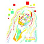 Ilustração colorida de um homem sorridente com cabelos crespos, enfatizando a mensagem "No Woman, No Cry" em letras amarelas. A arte possui um estilo vibrante e psicodélico, misturando várias cores como verde, vermelho e azul.