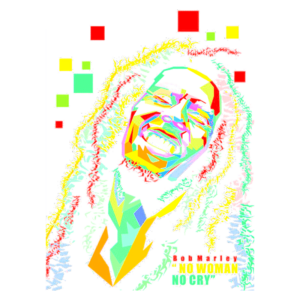 Ilustração colorida de um homem sorridente com cabelos crespos, enfatizando a mensagem "No Woman, No Cry" em letras amarelas. A arte possui um estilo vibrante e psicodélico, misturando várias cores como verde, vermelho e azul.