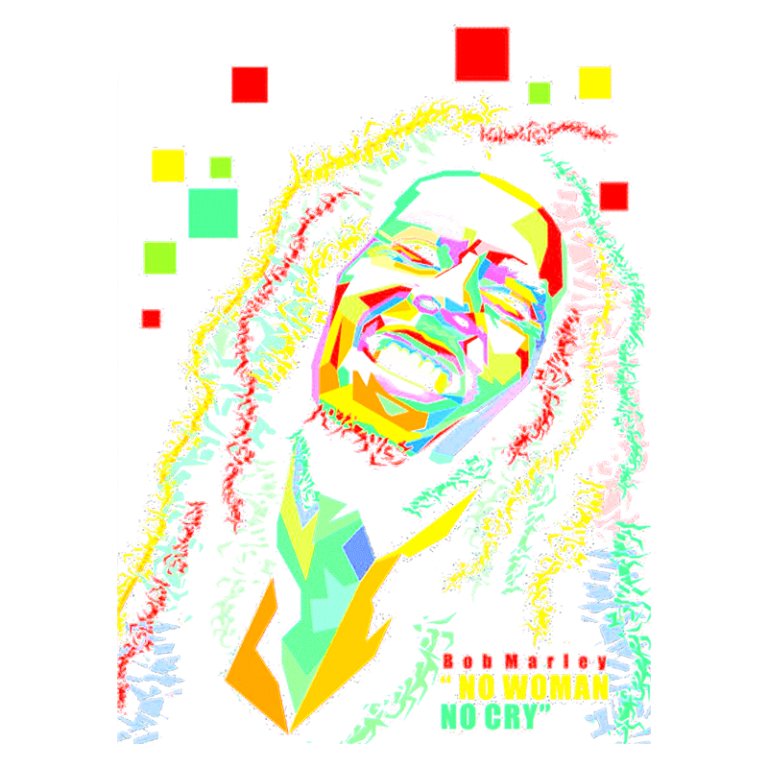 Ilustração colorida de um homem sorridente com cabelos crespos, enfatizando a mensagem "No Woman, No Cry" em letras amarelas. A arte possui um estilo vibrante e psicodélico, misturando várias cores como verde, vermelho e azul.