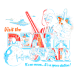 Imagem estilizada do "Death Star" de Star Wars, com o texto "Visite o DEATH STAR, não é uma lua, é uma estação espacial!" destacando personagens icônicos da franquia, como Darth Vader e C-3PO, em um design vibrante e colorido.