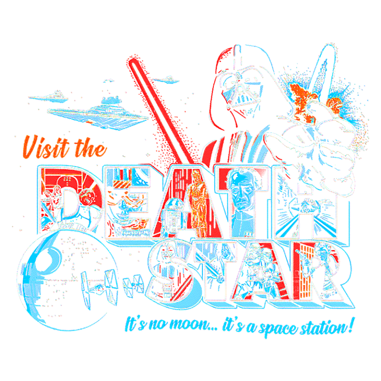 Imagem estilizada do "Death Star" de Star Wars, com o texto "Visite o DEATH STAR, não é uma lua, é uma estação espacial!" destacando personagens icônicos da franquia, como Darth Vader e C-3PO, em um design vibrante e colorido.