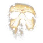 Máscara de hockey vintage com marcas de desgaste e manchas, evocando uma estética sombria, ideal para fãs de filmes de terror e culturas de Halloween.