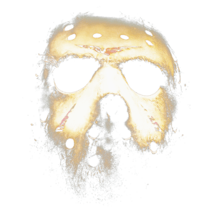 Máscara de hockey vintage com marcas de desgaste e manchas, evocando uma estética sombria, ideal para fãs de filmes de terror e culturas de Halloween.