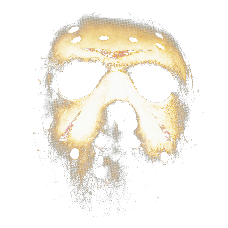 Máscara de hockey vintage com marcas de desgaste e manchas, evocando uma estética sombria, ideal para fãs de filmes de terror e culturas de Halloween.