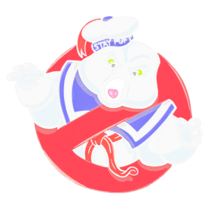 Imagem do Marshmallow Man, personagem icônico do filme Os Caça-Fantasmas, com uma expressão zangada, usando um chapéu marinheiro e gravata vermelha, sobre um fundo com o símbolo da proibição.