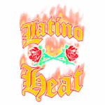 Logotipo vibrante com as palavras "Latino Heat", adornado com rosas vermelhas e efeito de fogo, simbolizando cultura latina e paixão. Ideal para representar a música ou eventos latinos.