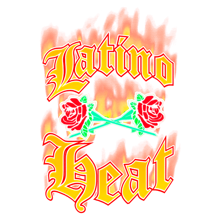 Logotipo vibrante com as palavras "Latino Heat", adornado com rosas vermelhas e efeito de fogo, simbolizando cultura latina e paixão. Ideal para representar a música ou eventos latinos.