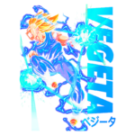 Imagem do personagem Vegeta de Dragon Ball, representado em movimento dinâmico, com cabelo dourado e azul, cercado por um efeito elétrico azul. A arte destaca a força e energia do personagem.