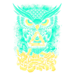 Imagem de uma coruja estilizada em cores vibrantes, com um triângulo nas suas garras, cercada por símbolos e elementos místicos.