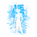 Imagem estilizada de um personagem com cabelo em pé e fundo azul intenso, representando energia e poder, típico de cenas de luta em animes.