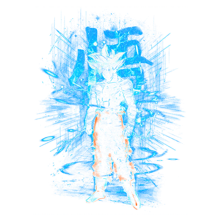 Imagem estilizada de um personagem com cabelo em pé e fundo azul intenso, representando energia e poder, típico de cenas de luta em animes.