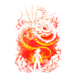 Ilustração vibrante de uma figura humana em silhueta rodeada por elementos flamejantes e padrões complexos, simbolizando energia e poder. O fundo apresenta cores quentes predominantes, como vermelho e amarelo, criando um efeito impressionante e dinâmico.